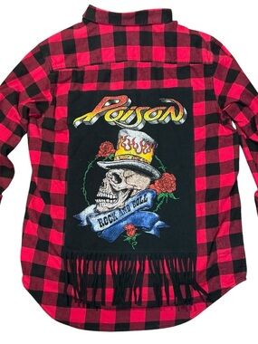 Poison Upcycled Band T Shirt Flannel Top Fringe Boyfriend Oversized